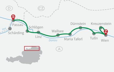Karte des Donauradwegs von Passau nach Wien mit grünem Pfad entlang der blauen Donau durch österreichische Städte wie Linz, Dürnstein und Tulln.
