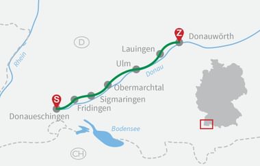 Karte des Donauradwegs von Donaueschingen nach Donauwörth über Fridingen, Sigmaringen, Obermarchtal, Ulm und Lauingen entlang der Donau.