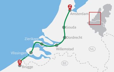 Karte mit Radroute von Amsterdam nach Brügge über Gouda, Dordrecht und Vlissingen entlang der niederländischen Küste und Zierikzee.