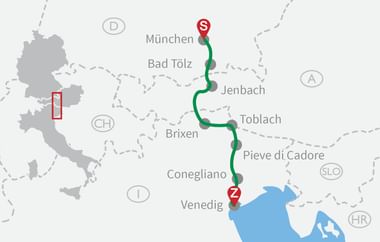 Karte mit Radroute von München (S) nach Venedig (Z) durch Österreich und Italien, vorbei an Bad Tölz, Jenbach, Brixen, Toblach und Pieve di Cadore.