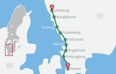 Karte von Gotland mit grüner Radroute, die Visby, Kappelshamn, Fårö, Slite, Ljugarn und Burgsvik verbindet, roter Marker bei Visby.
