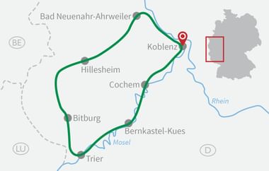 Karte mit Radrundweg durch deutsche Städte: Koblenz, Cochem, Bernkastel-Kues, Trier, Bitburg, Hillesheim und Bad Neuenahr-Ahrweiler.