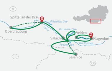 Karte mit Radrouten zwischen Spittal an der Drau, Oberdrauburg, Villach, Velden und Klagenfurt über grüne Wege um Seen.