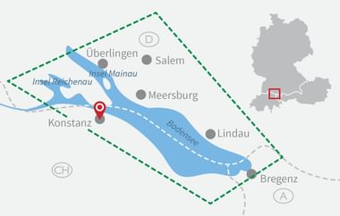Map of Lake Constance showing cities Konstanz, Salem, Meersburg, Lindau, and Bregenz. Red marker at Konstanz, green dashed border.