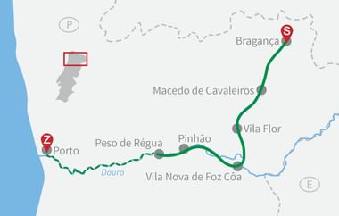 Karte mit Radroute von Bragança (S-Markierung) nach Porto (Z-Markierung) durch portugiesische Städte wie Vila Flor, Pinhão und Peso de Régua.