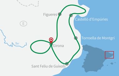 Karte mit grüner Radroute ab Girona über Figueres, Castelló d'Empúries, Torroella de Montgrí bis Sant Feliu de Guíxols.