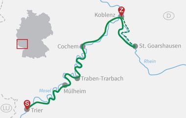 Karte mit Radroute entlang der Mosel von Trier nach Koblenz über Cochem und Traben-Trarbach. Kleine Deutschlandkarte zeigt Lage.