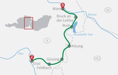 Karte mit Radroute von Wien nach Graz über Bruck an der Leitha, Rust und Güssing. Grüne Linie markiert die Route mit Start- und Endpunkten.