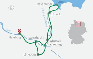 Karte mit grüner Radroute von Hamburg über Geesthacht, Lauenburg, Witzeeze nach Lübeck entlang der Elbe und des Elbe-Lübeck-Kanals in Norddeutschland.