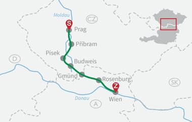 Map showing cycling route from Prague (S) to Vienna (Z) through Czech Republic and Austria, passing Písek, Gmünd, and Rosenburg along the Danau.
