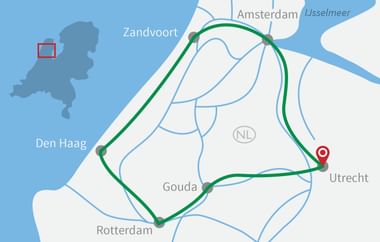 Karte mit grüner Radroute, die Amsterdam, Den Haag, Rotterdam, Gouda und Utrecht verbindet, mit roter Markierung bei Utrecht.