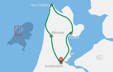 Map showing a cycling route through North Holland from Amsterdam via Hoorn and Alkmaar to Den Helder, marked with a green line.