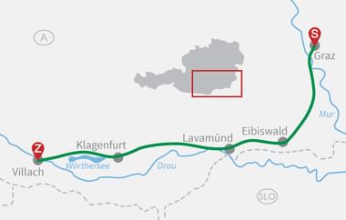 Karte mit Radroute durch Österreich von Graz nach Villach über Eibiswald, Lavamünd und Klagenfurt entlang Drau und Wörthersee.