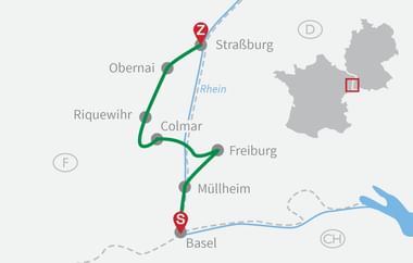 Karte mit Radroute von Straßburg nach Basel durch das Elsass, vorbei an Obernai, Riquewihr, Colmar, Freiburg und Müllheim.