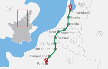Karte mit Radroute von Amsterdam nach Paris über Gouda, Breda, Antwerpen, Tournai, Cambrai, Saint-Quentin und Compiègne mit grünem Weg.