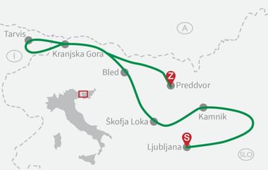 Karte mit Radroute durch Slowenien und Österreich mit grüner Linie, die Tarvis, Kranjska Gora, Bled, Preddvor, Škofja Loka, Ljubljana und Kamnik verbindet.