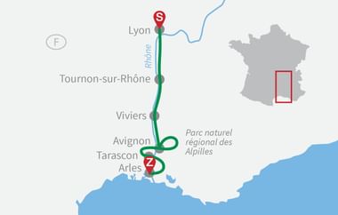 Karte mit Radroute von Lyon nach Arles entlang der Rhône durch Tournon-sur-Rhône, Viviers, Avignon und Tarascon in Südfrankreich.