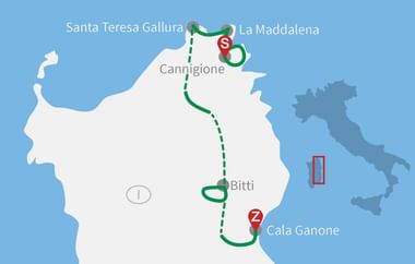 Übersichtskarte mit Radroute auf Sardinien. Grüne Linie verbindet La Maddalena, Cannigione, Bitti und Cala Ganone. Kleine Karte zeigt Lage in Italien.