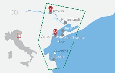 Karte der Radroute in Venetien mit Start in Venedig und Ziel in Treviso, über Burano, Portegrandi und Chioggia.