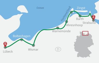 Map showing cycling route from Lübeck to Stralsund along Baltic Sea coast via Wismar, Boltenhagen, Warnemünde, Ahrenshoop, Barth and Zingst.