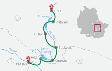 Karte mit Radroute von Prag nach Passau entlang Flüssen durch Tschechien und Deutschland, vorbei an Písek, Budweis und Krumau.