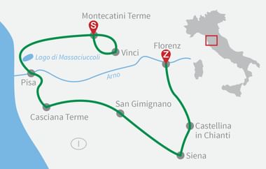 Toskana Radroute Kartenübersicht Karte mit Radroute durch die Toskana, die Montecatini Terme, Florenz, San Gimignano, Castellina in Chianti und Siena verbindet.