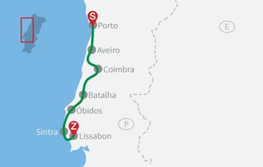 Karte mit Radroute von Porto nach Lissabon entlang Portugals Küste durch Aveiro, Coimbra, Batalha, Óbidos und Sintra.