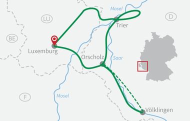 Karte mit Radroute entlang Mosel und Saar durch Luxemburg, Trier, Orscholz und Völklingen mit Ländergrenzen und kleiner Deutschland-Übersicht.