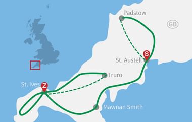Karte mit Radroute in Cornwall zwischen Padstow und St. Ives über St. Austell, Truro und Mawnan Smith mit durchgezogenen und gestrichelten grünen Linien.