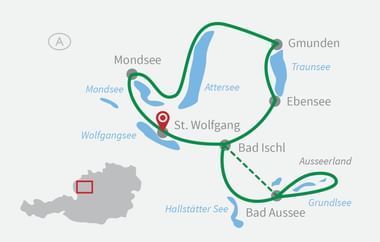 Cycling route map Salzkammergut Austria Map showing cycling route through Austrian Salzkammergut region with lakes including Mondsee, Attersee, Wolfgangsee. Route connects towns like St. Wolfgang, Bad Ischl, Bad Aussee.