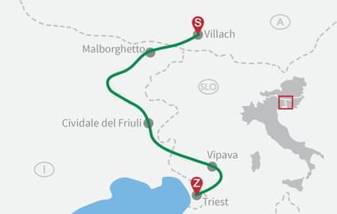 Karte mit Radroute von Villach (Österreich) nach Triest (Italien) über Malborghetto, Cividale del Friuli und Vipava mit grüner Linie.