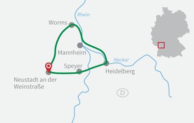 Radroute Karte Rhein-Neckar-Region Karte mit Radroute durch die Rhein-Neckar-Region mit grünem Pfad, der Städte wie Worms, Mannheim, Speyer und Heidelberg verbindet.