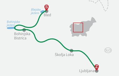 Karte mit Radroute von Bled nach Ljubljana über Bohinjska Bistrica und Škofja Loka. Grüne Linie markiert den Weg mit grauen Punkten.