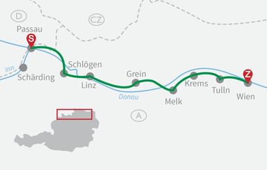 Karte des Donauradwegs von Passau nach Wien mit grünem Pfad entlang der blauen Donau durch Linz, Grein, Melk, Krems und Tulln.