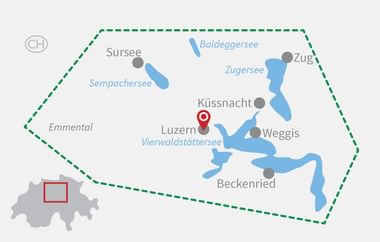 Übersichtskarte mit Luzern und umliegenden Orten wie Zug, Weggis, Beckenried, Küssnacht und Sursee sowie den Seen Vierwaldstättersee, Zugersee, Sempachersee und Baldeggersee.