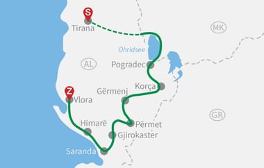 Karte mit Radroute in Albanien von Tirana (Start) nach Vlora (Ziel), vorbei am Ohridsee, Pogradec, Korça, Përmet, Gjirokaster, Himarë und Saranda.