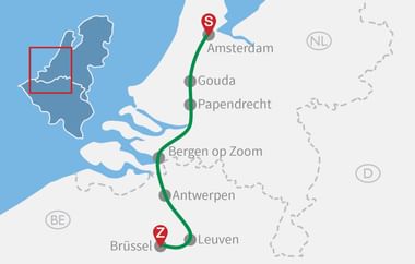 Karte mit Radroute von Amsterdam nach Brüssel über Gouda, Papendrecht, Bergen op Zoom, Antwerpen und Leuven, markiert mit grüner Linie.