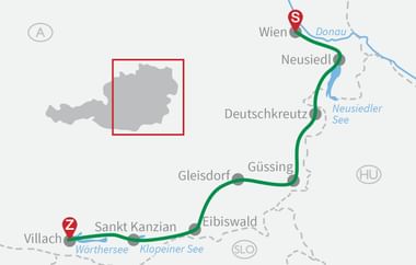 Karte mit Radroute von Wien entlang der Donau durch österreichische Orte nach Villach, vorbei an Wörthersee und Klopeiner See.