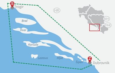 Overview map showing cycling route from Trogir to Dubrovnik along Croatian coast, passing islands Brač, Hvar, Korčula, Lastovo, Mljet and Šipan.