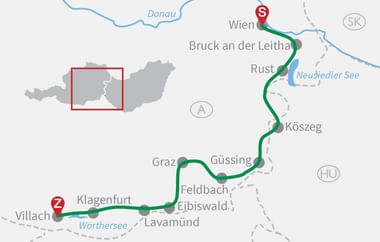 Karte mit einer grün markierten Radroute von Wien (S) über Bruck an der Leitha, Kőszeg, Güssing, Graz, Feldbach nach Klagenfurt (Z).