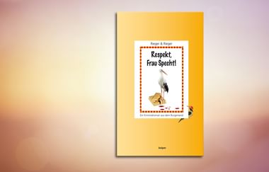 Buchcover mit Storch und Pappkarton mit dem Titel 'Respekt, Frau Specht!' von Rieger & Rieger auf gelbem Hintergrund.