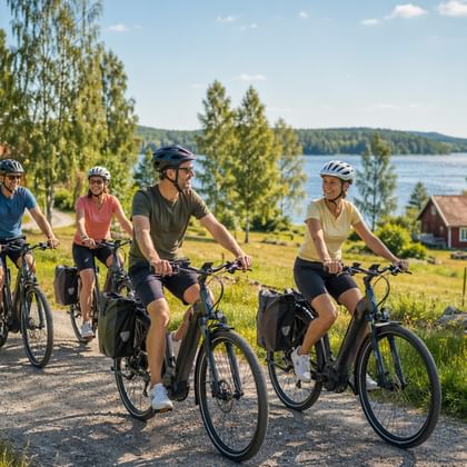 Vier Radfahrer auf einem Schotterweg vorbei an roten Holzhäusern mit See und Wald im Hintergrund unter blauem Himmel in Skandinavien.