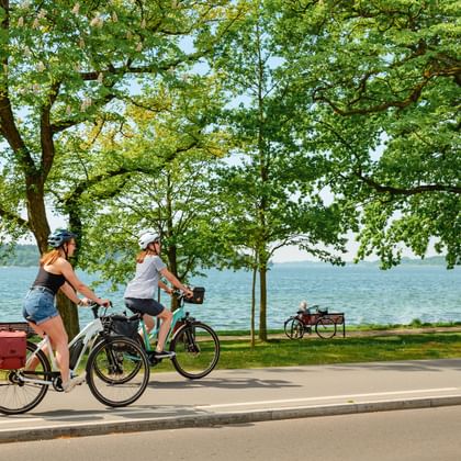 Zwei Radfahrer mit Helmen fahren auf gepflastertem Weg neben einem See. Große Bäume spenden Schatten, blaues Wasser und fernes Ufer sichtbar.