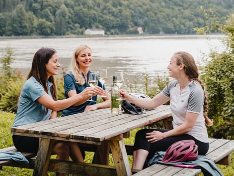Drei Radfahrerinnen stoßen mit Weißwein an einem Holztisch an, mit Blick auf einen See in Oberösterreich und bewaldeten Hügeln im Hintergrund.