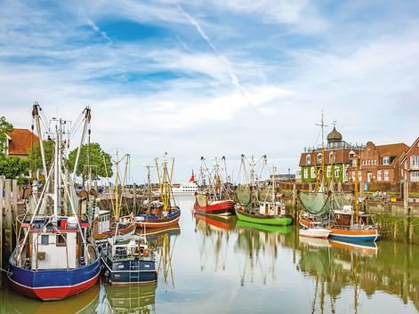 Bunte Fischerboote liegen in einem ruhigen Hafen an der Nordseeküste, mit traditionellen Backsteingebäuden und einer Kirchenkuppel im Hintergrund.