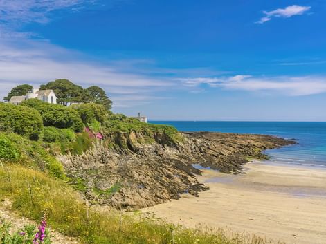 Sandstrand in Cornwall mit dunklen Felsenklippen und grüner Vegetation. Weiße Gebäude und Bäume auf der Klippe unter blauem Himmel.