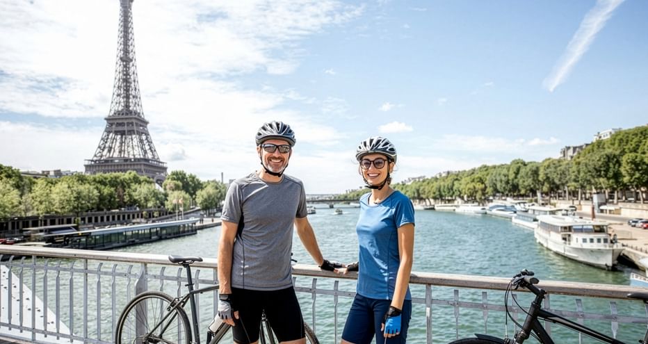 Two cyclists with helmets standing on a bridge over the Seine in Paris. The Eiffel Tower is visible in the background under a blue sky.
