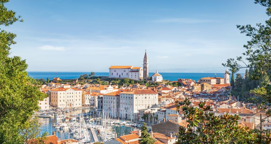 Panoramic view of a historic coastal town with orange-tiled roofs, a marina with sailboats, and a church tower overlooking the Adriatic Sea.