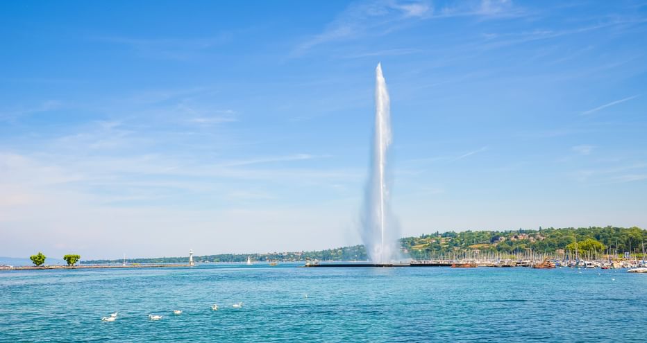 Die Jet d'Eau Fontäne schießt eine hohe Wassersäule in den Himmel am Genfersee, mit Yachthafen und grüner Küste im Hintergrund.