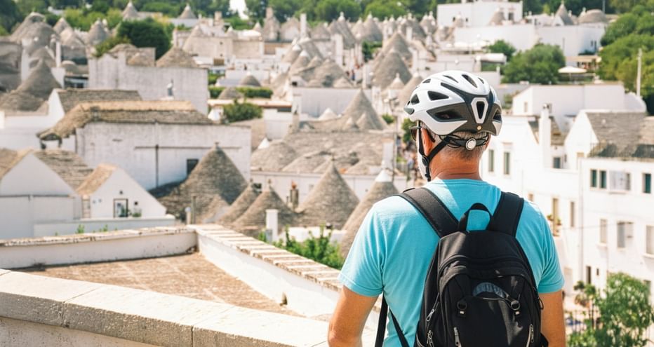 Rückansicht eines Radfahrers mit weißem Helm und blauem Shirt mit Blick auf traditionelle Trulli-Häuser mit Kegeldächern in Apulien.